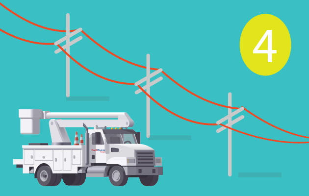 A graphic of a bucket truck near distribution lines